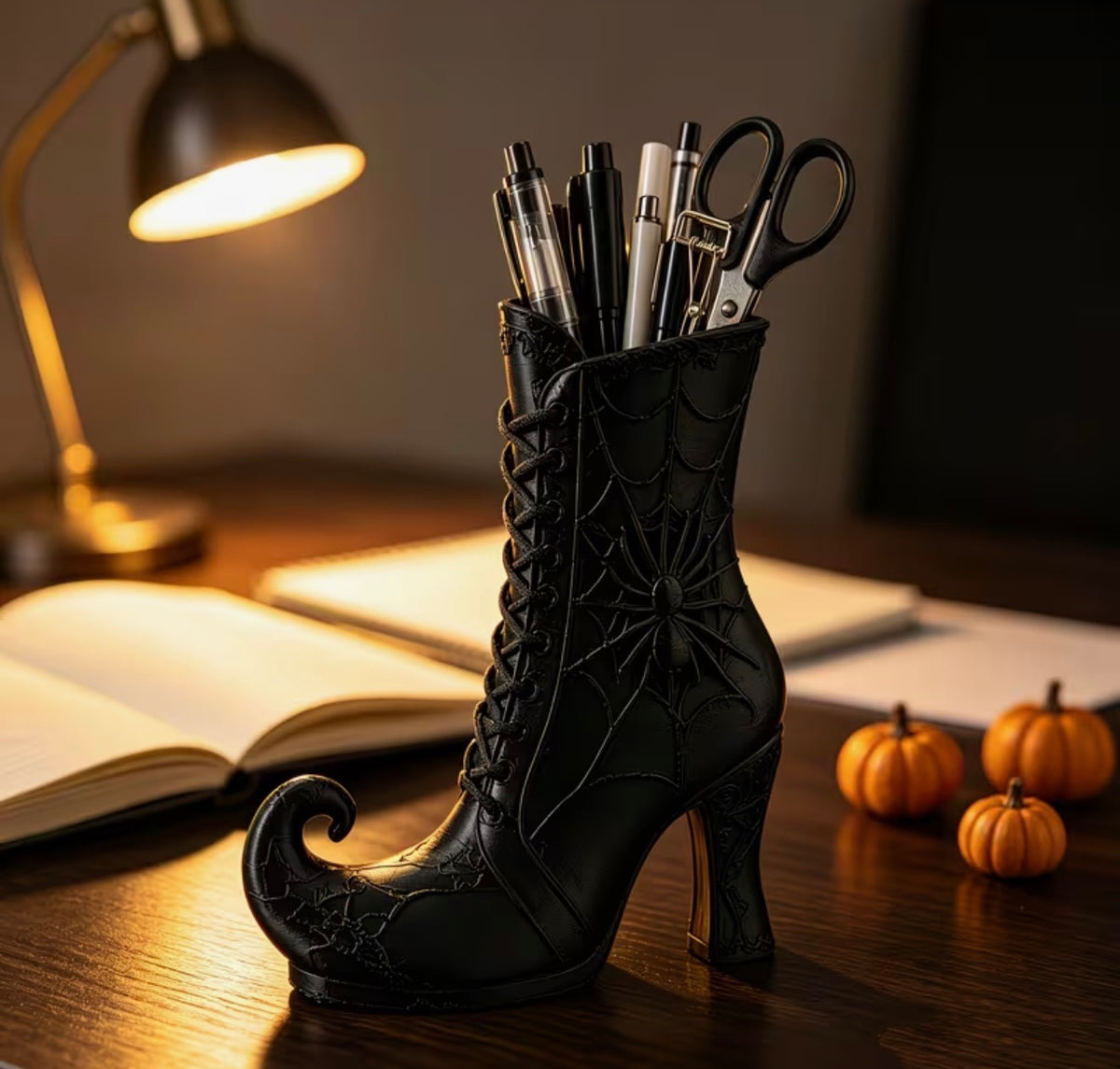 Gothic Spiderweb Witch Boot Makeup Brush Holder