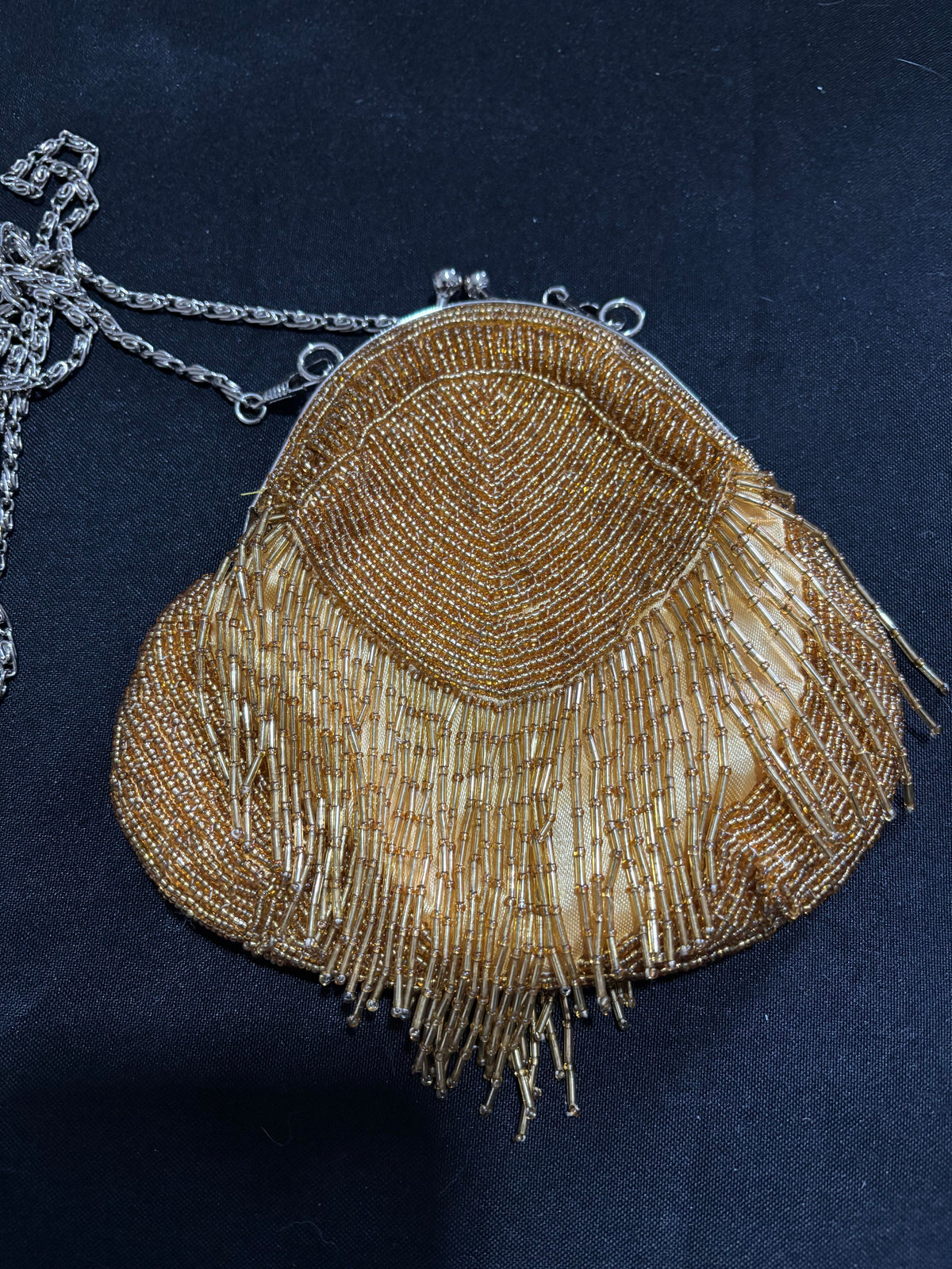 Vintage Amber Glass Beaded Evening Bag with Fringe