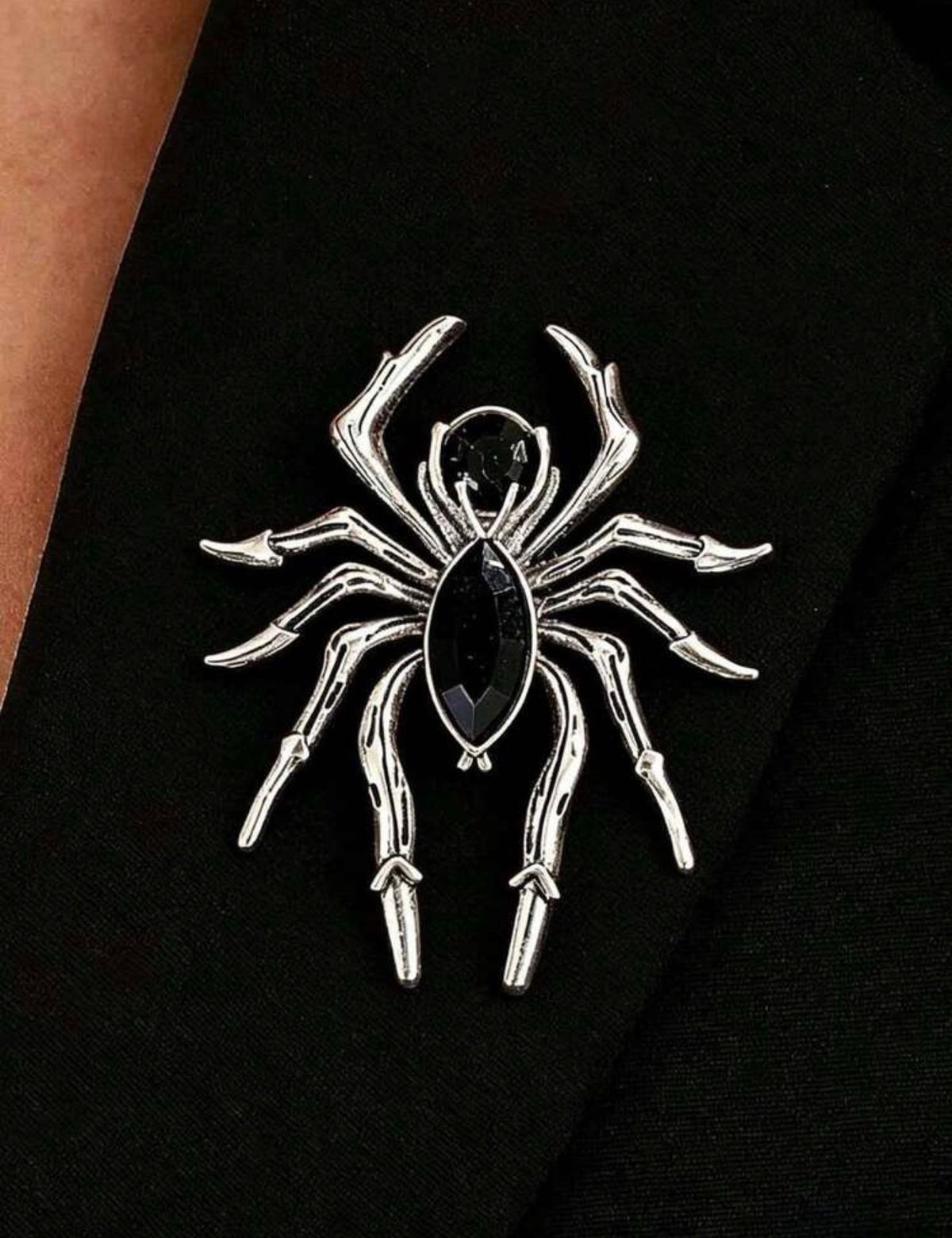 Silver-Tone Gothic Black Crystal Spider Brooch