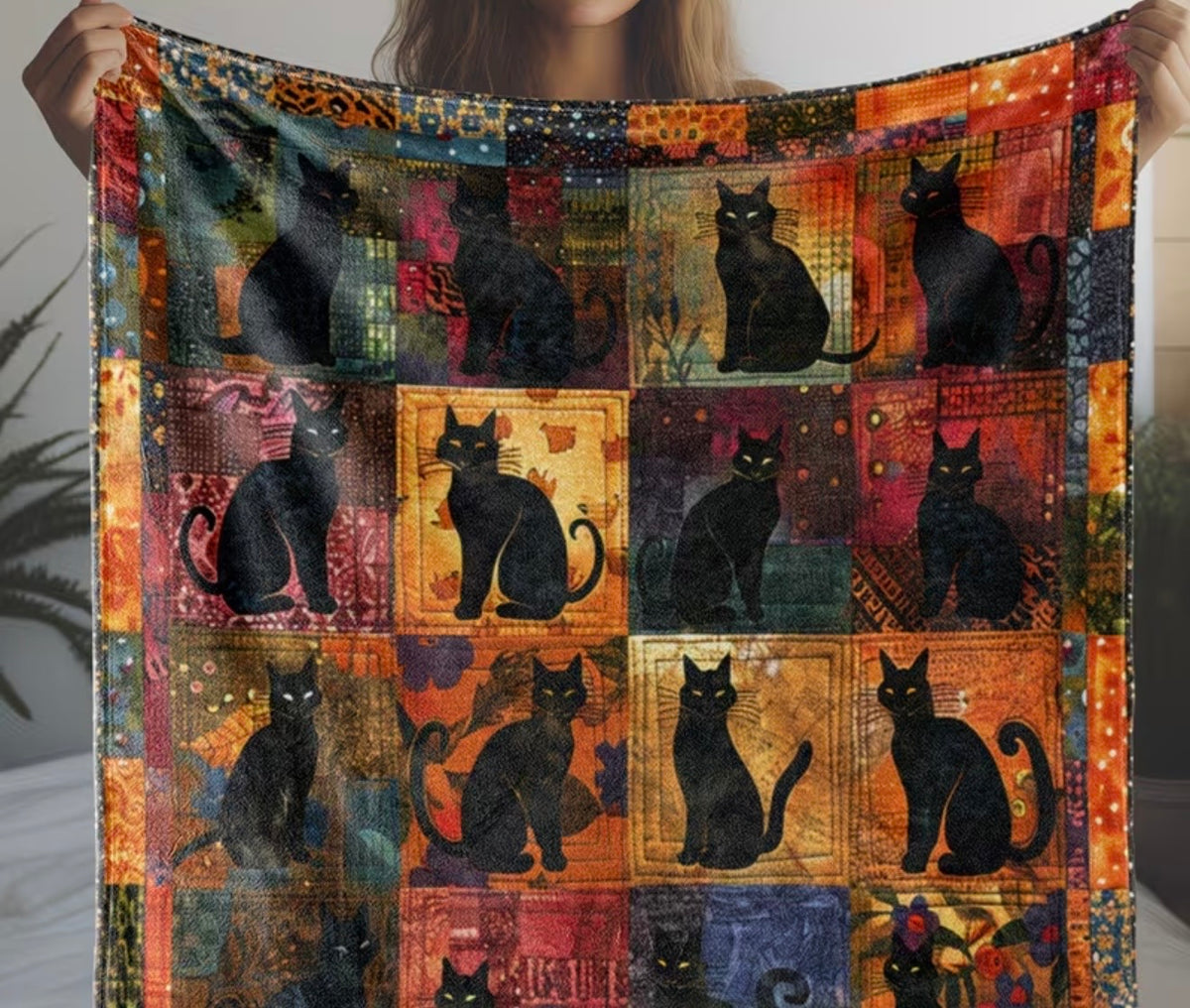 Patchwork Black Cats Fleece Blanket – 150 × 200cm