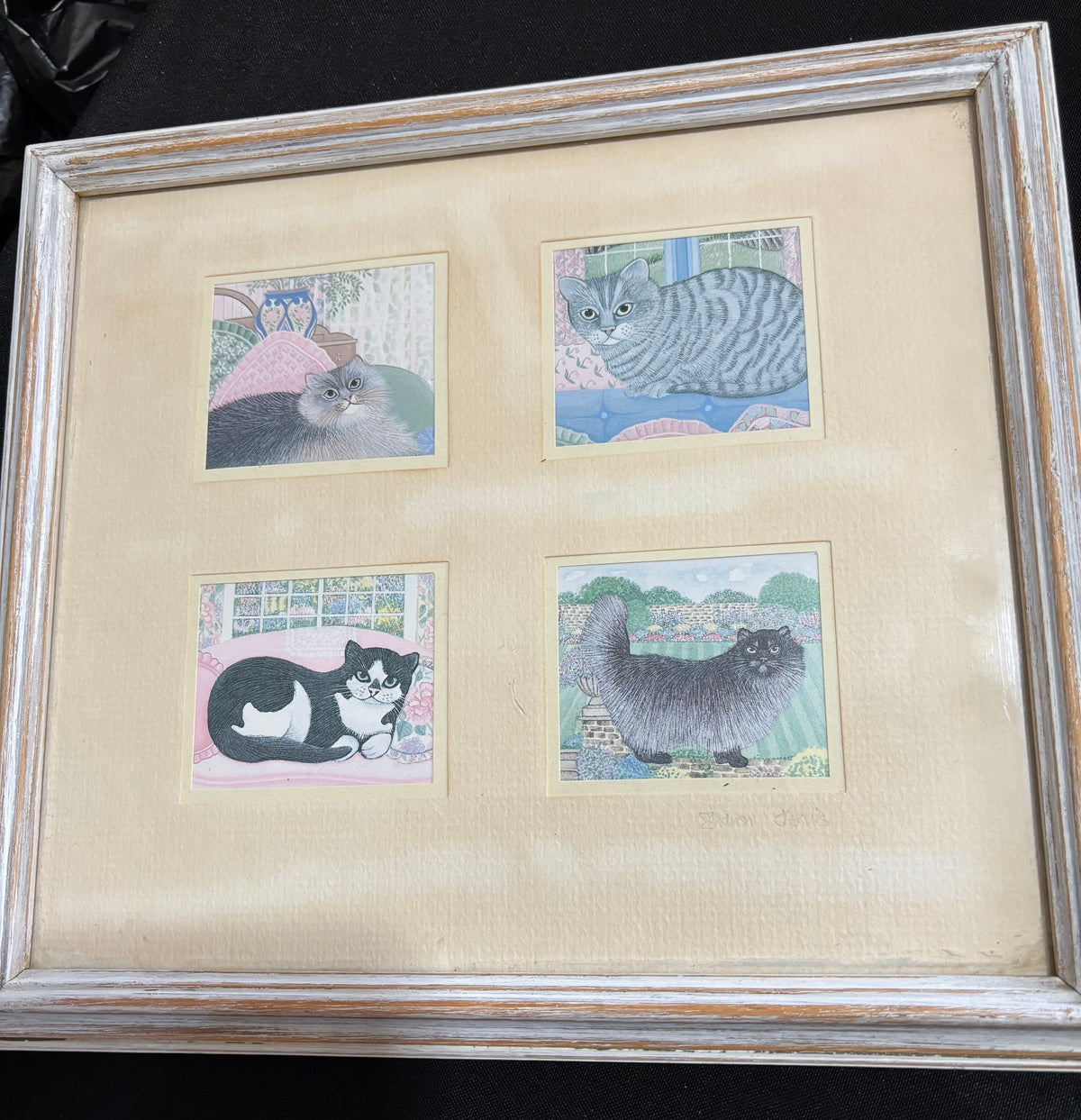 Vintage Sharon Jervis Framed Cat Prints – Four Miniatures