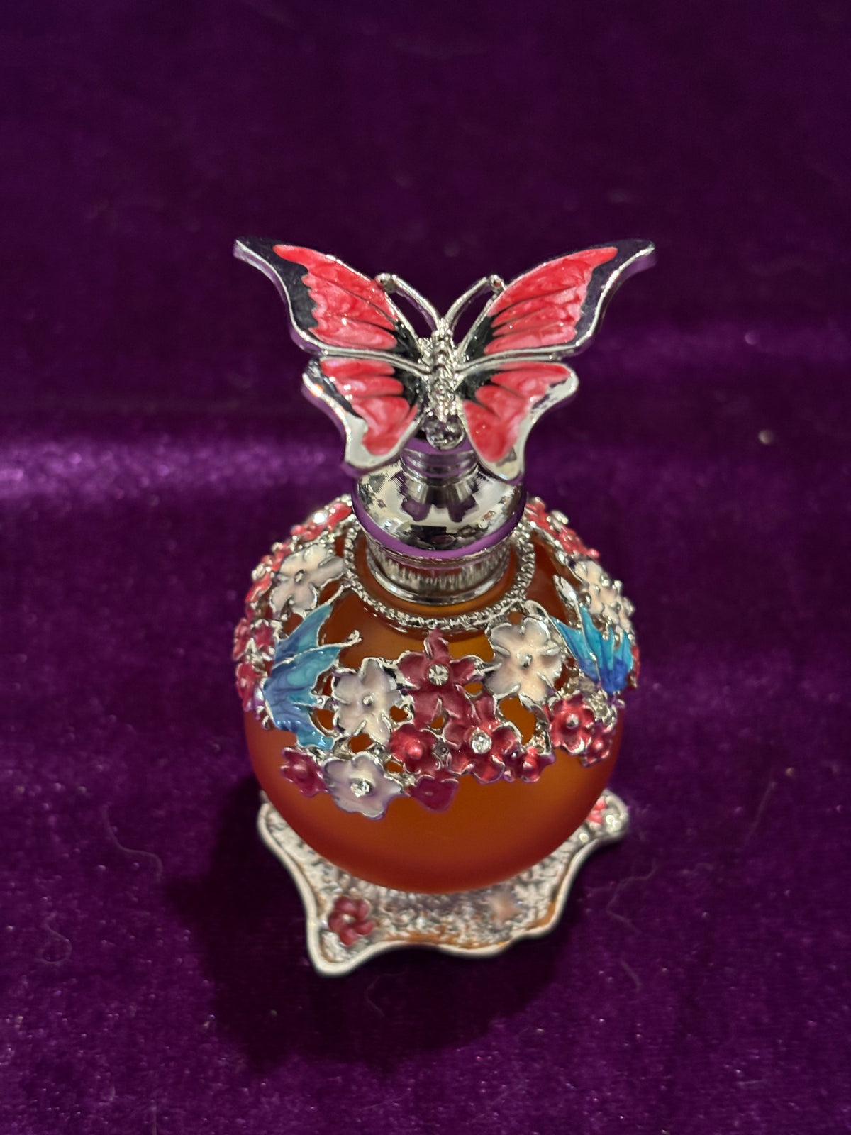 Handmade Red Butterfly & Blossom Glass Perfume Bottle – 25ml