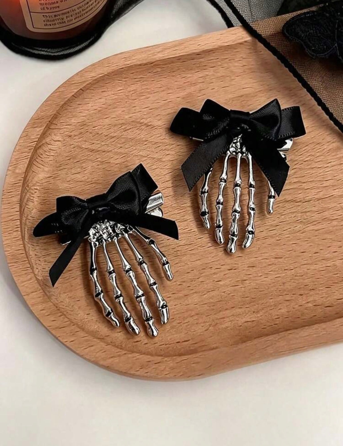 Skeleton Hand & Black Bow Gothic Hair Clips – Pair