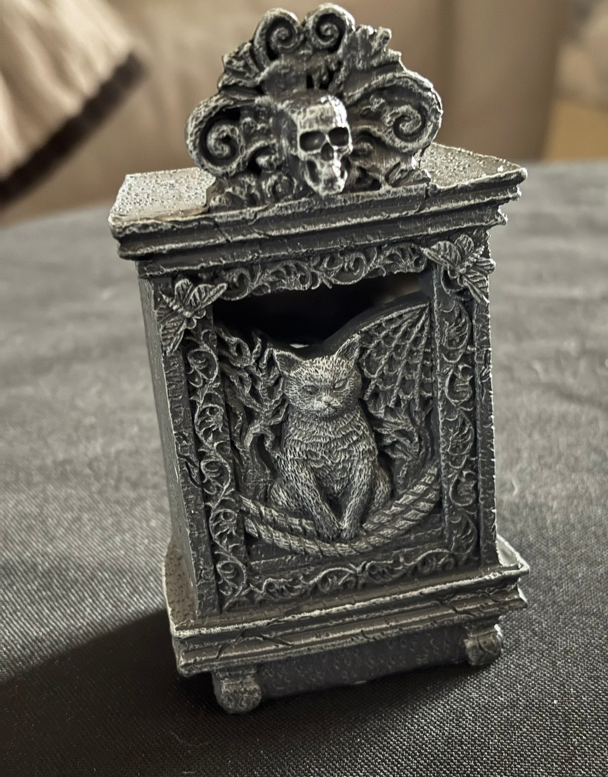 Gothic Winged Cat Tombstone Incense Burner