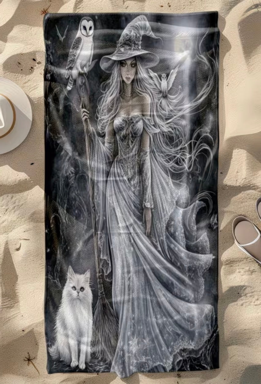 Moonlit Familiar Gothic Witch & Cat Bath Towel