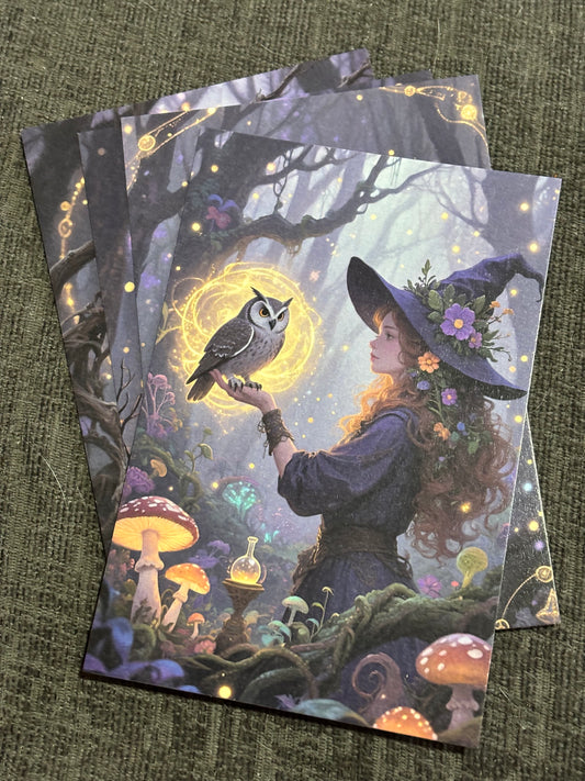 Witch & Familiar A6 Postcard Set – Gothic Fantasy Art Prints – Magical Forest Witch Cards (Set of 4)
