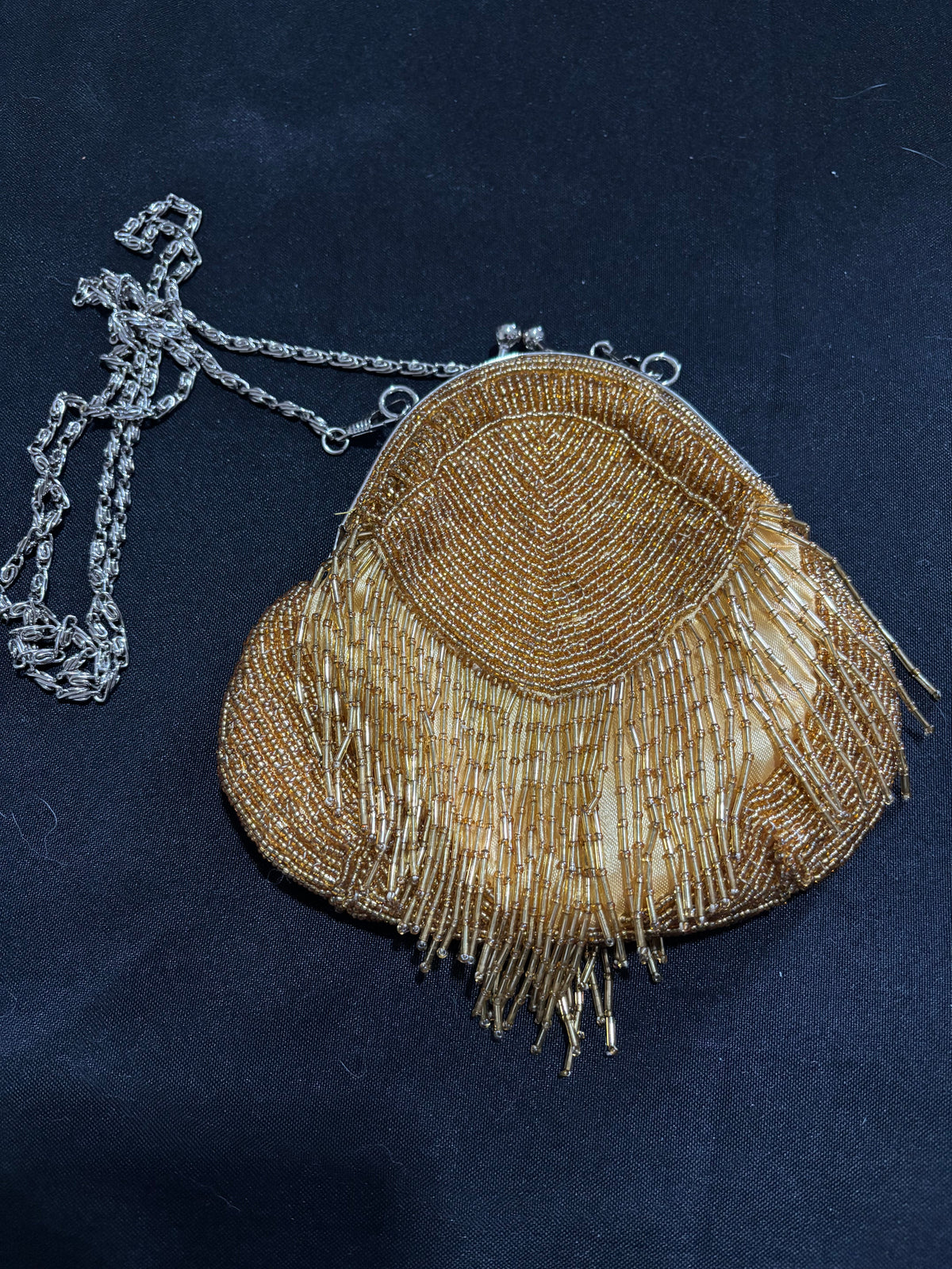 Vintage Amber Glass Beaded Evening Bag with Fringe