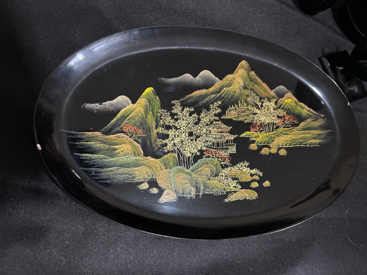 Vintage Chinese Black Lacquer Executive Desk Set