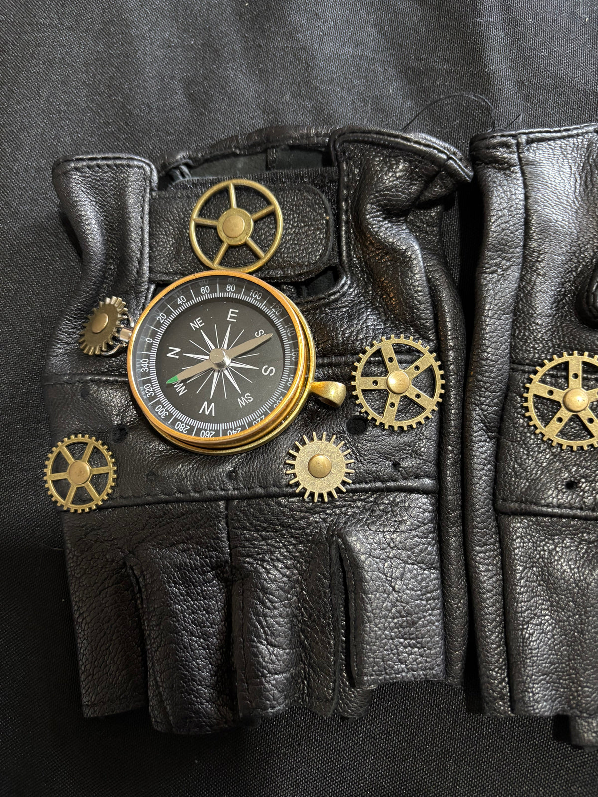 Steampunk Leather Fingerless Gloves with Working Compasses