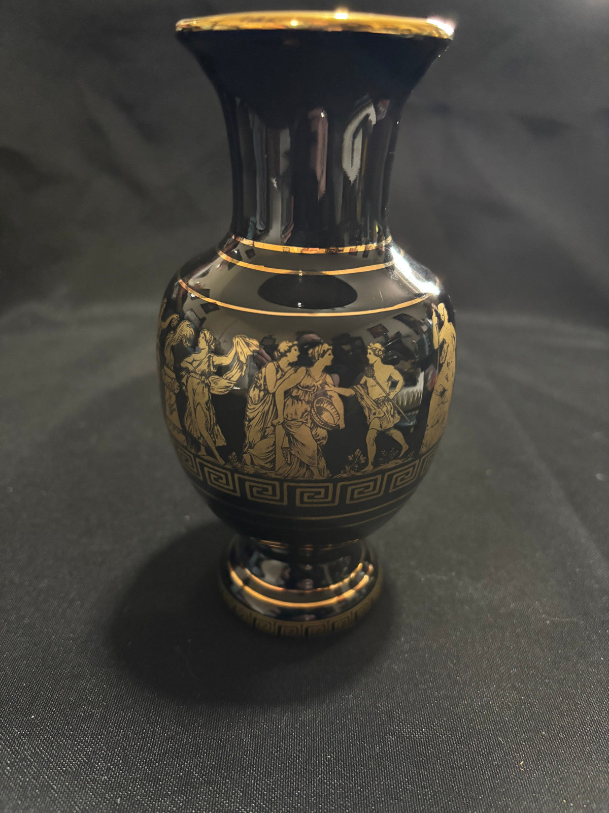 Vintage Greek SC 24K Gold Black Ceramic Vase