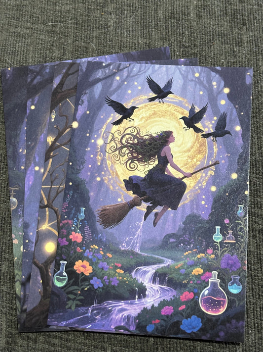 Witch & Familiar A6 Postcard Set – Gothic Fantasy Art Prints – Magical Forest Witch Cards (Set of 4)