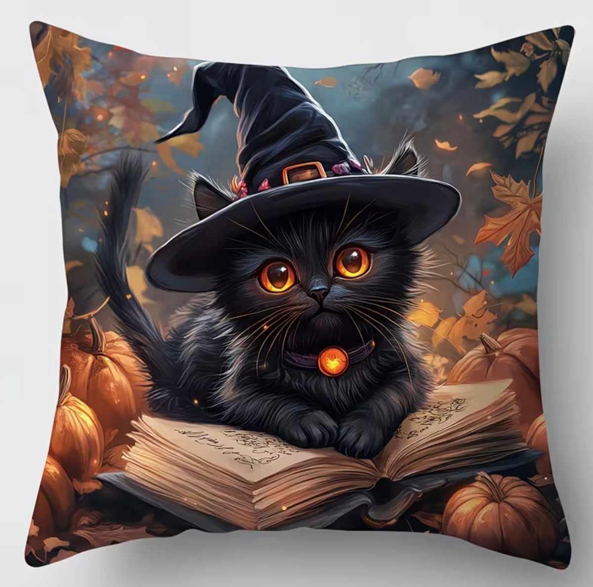Autumn Witch Cat With Spell Book Cushion Cover