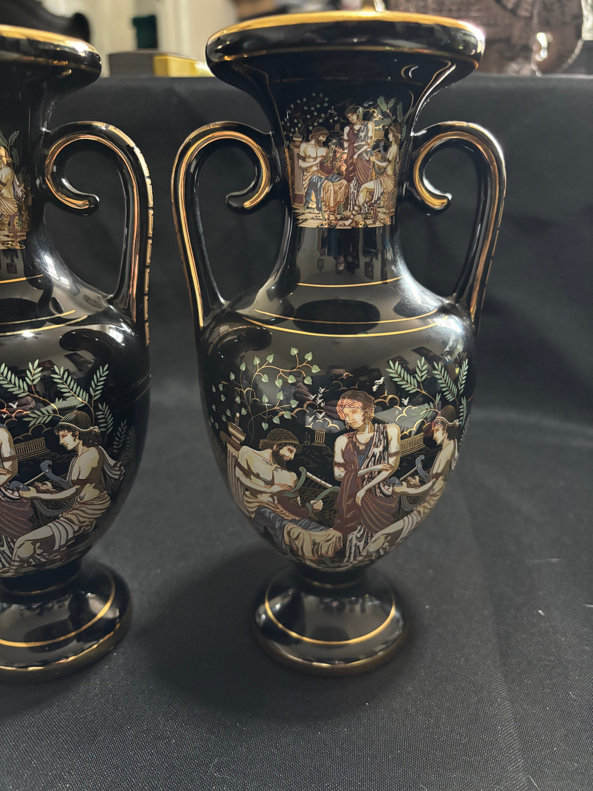Pair of Vintage Greek 24K Gold Black Amphora Vases