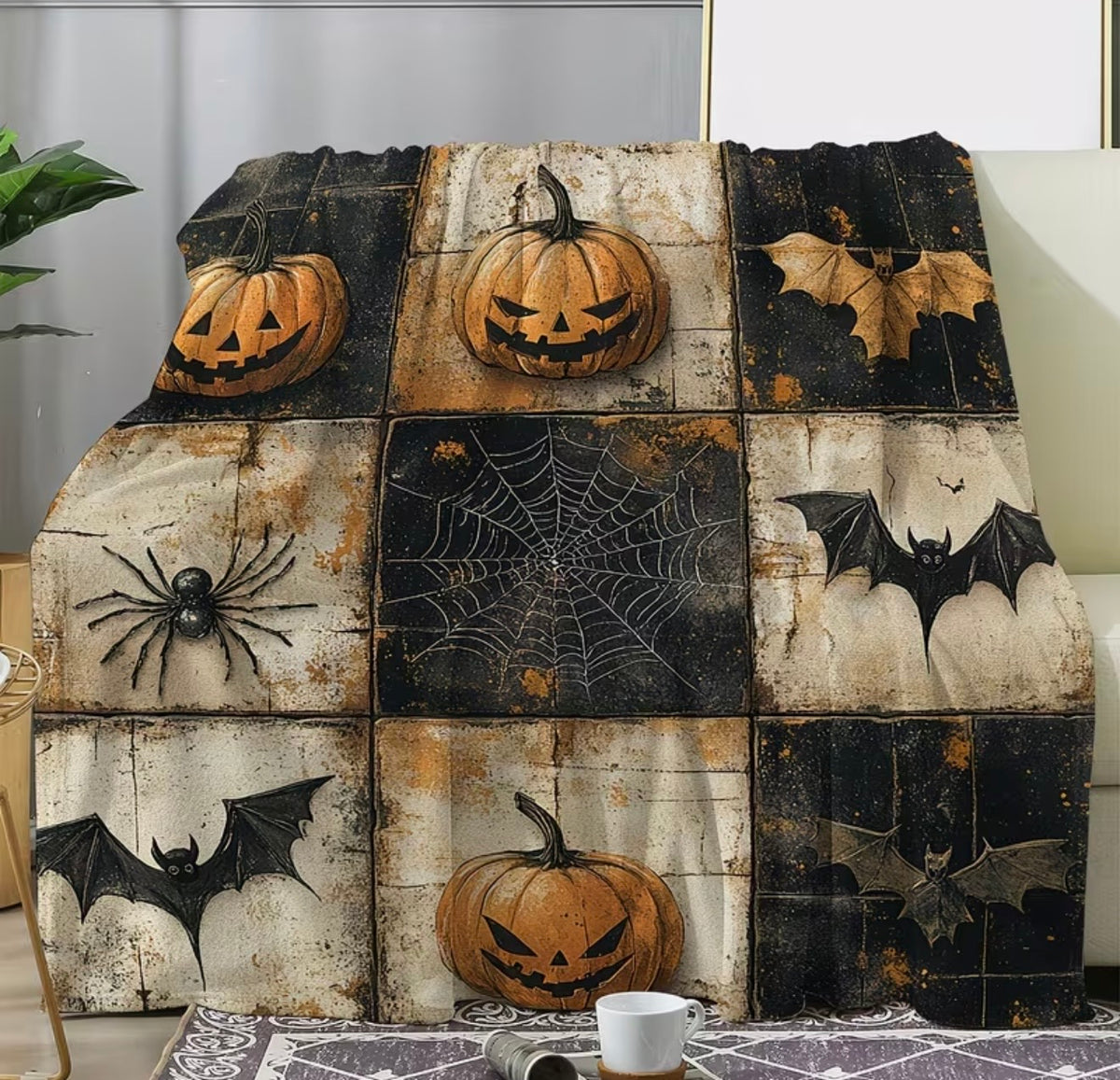 Patchwork Pumpkin Fleece Blanket – 150 × 200cm