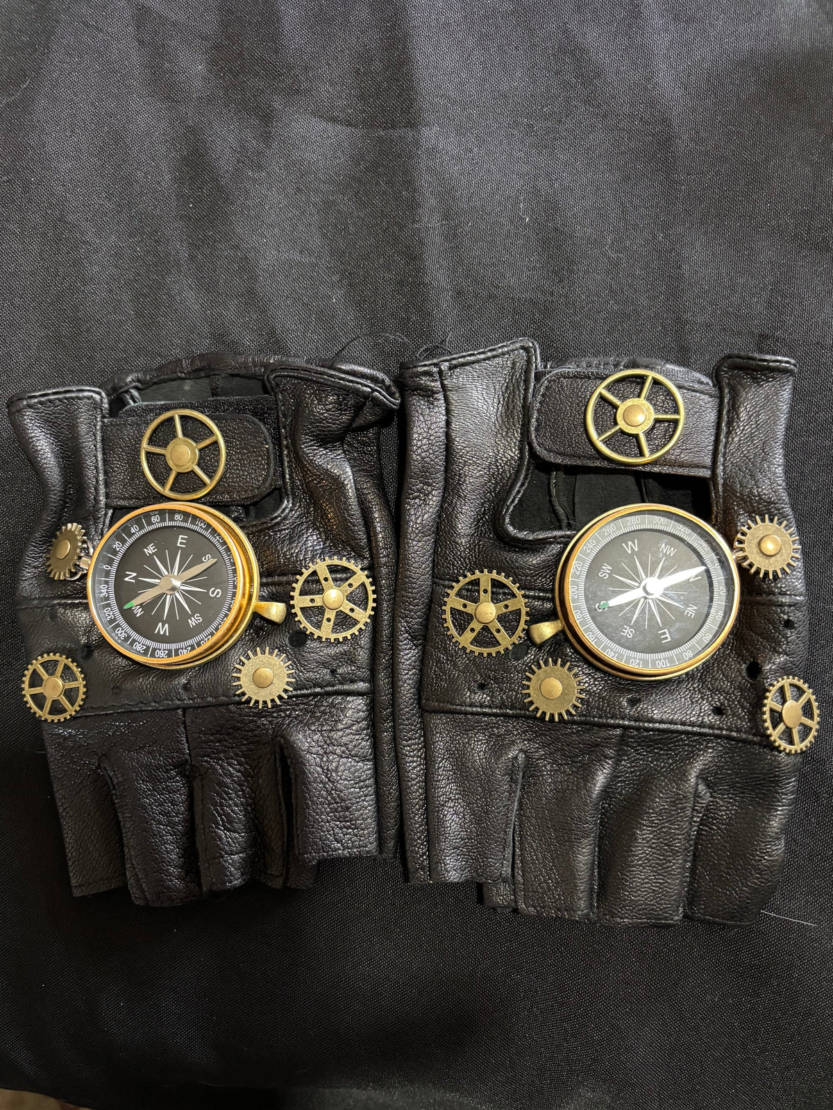 Steampunk Leather Fingerless Gloves with Working Compasses