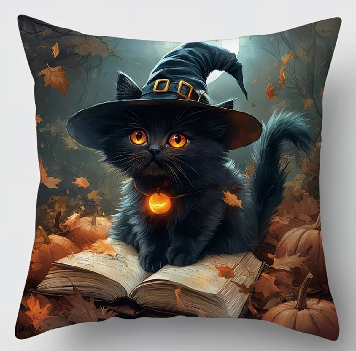 Autumn Witch Cat With Bell  Cushion Cover