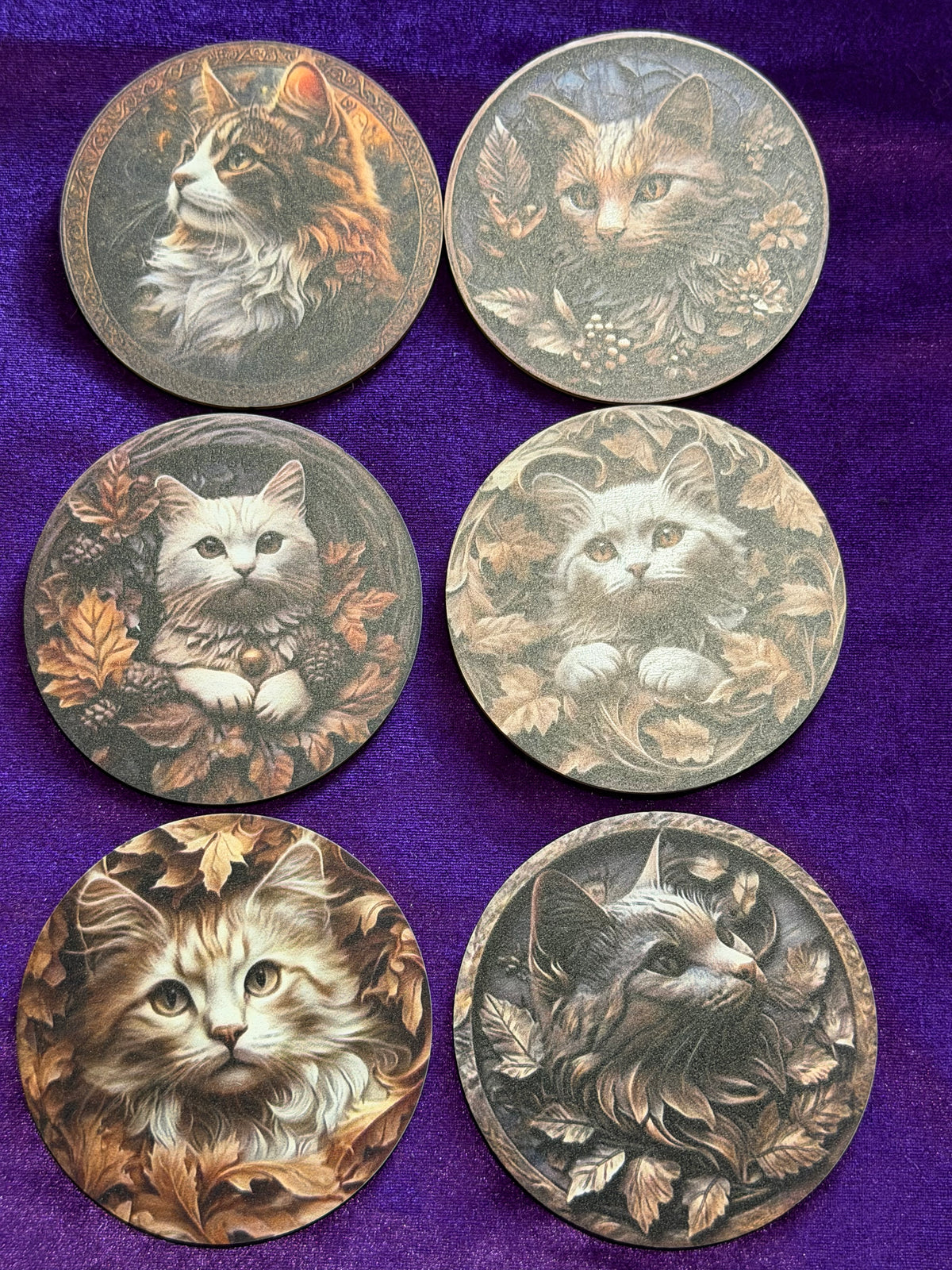 Autumn Cats Wooden Coasters – Set of Six