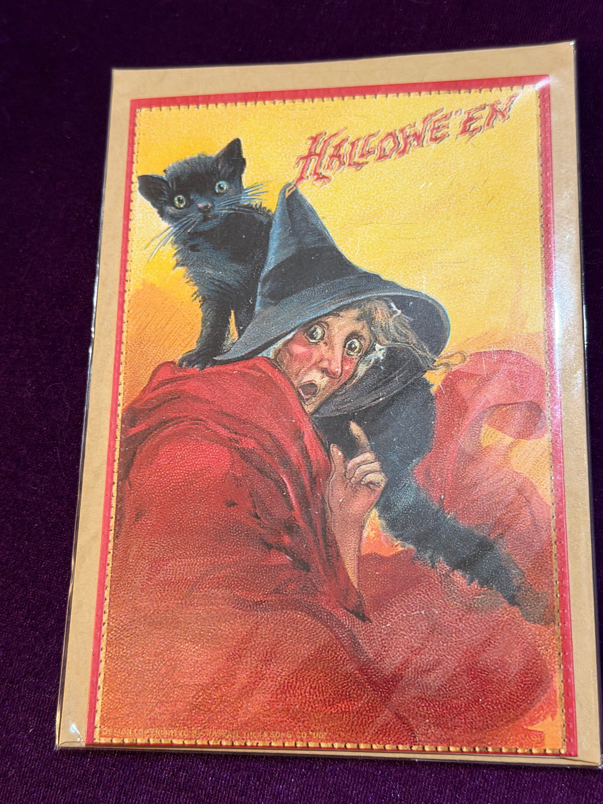 Retro Witch & Black Cat Samhain Greeting Card