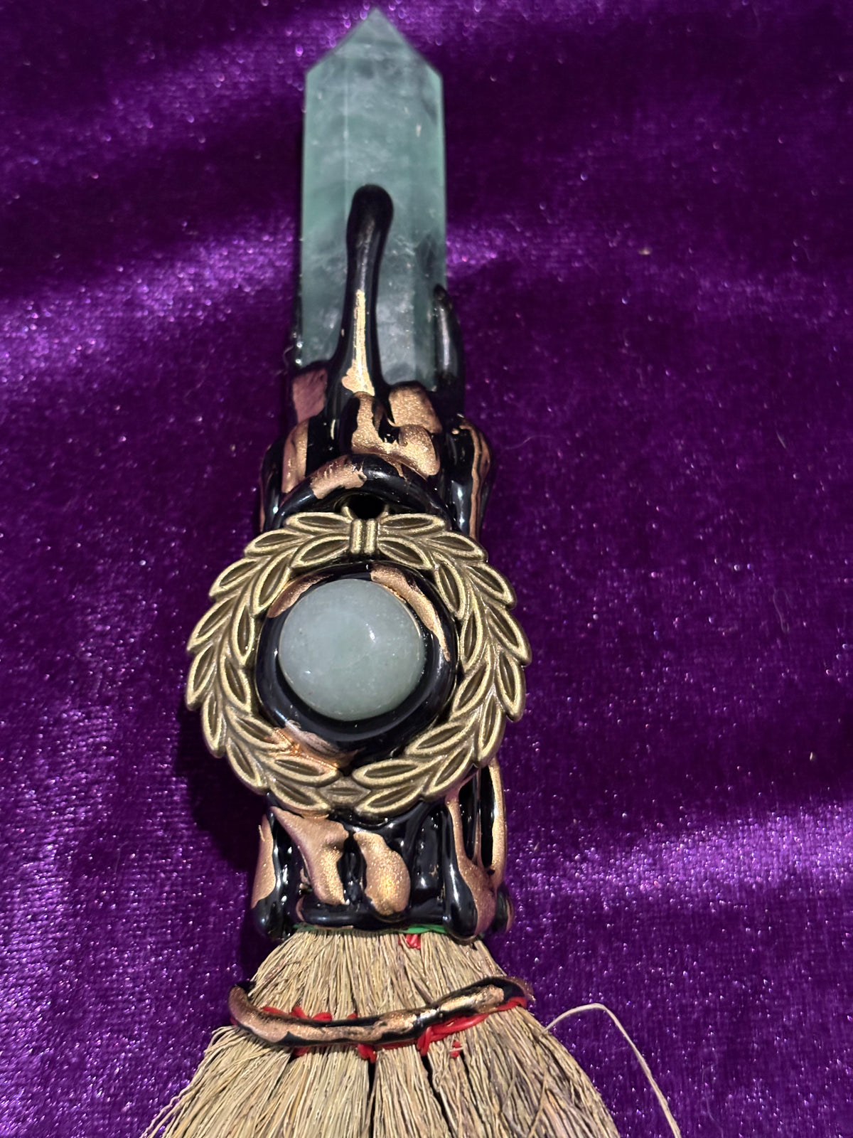 Large Green Aventurine & Amazonite Altar Broom – Natural Bristle Ritual Besom