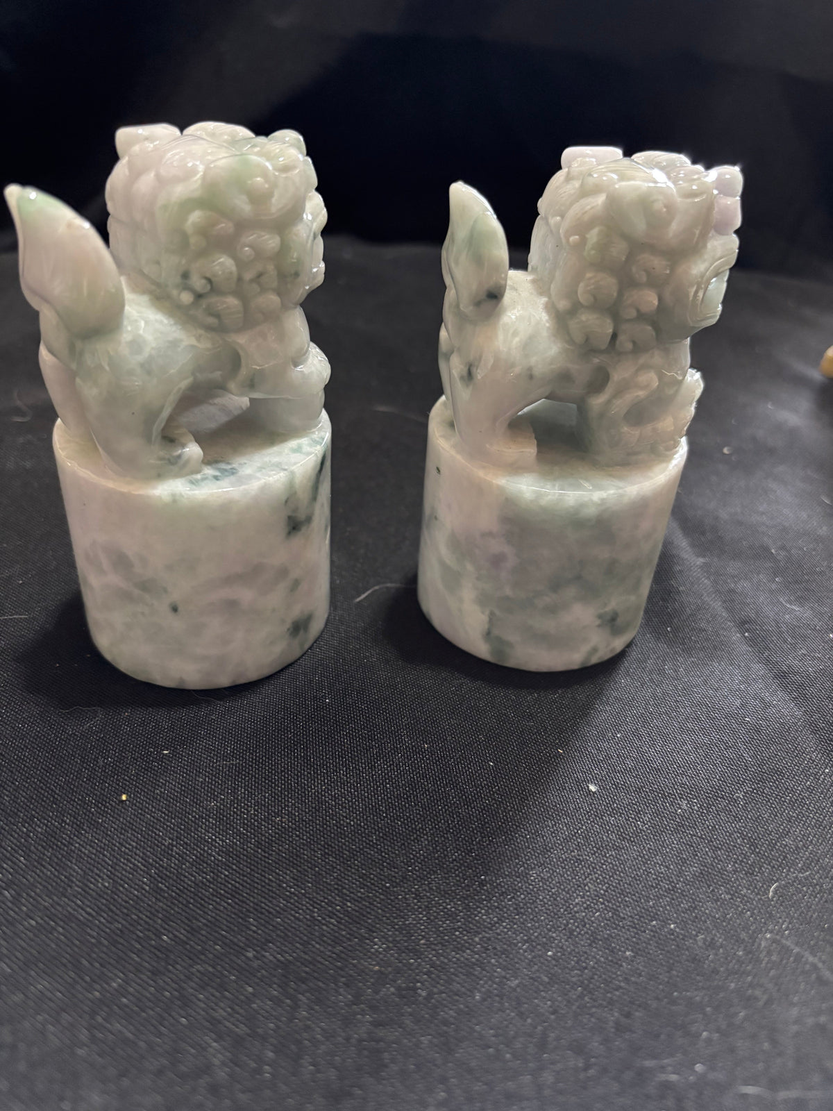 Pair of Vintage Carved Grey & White Jade Foo Dog Guardian Lions