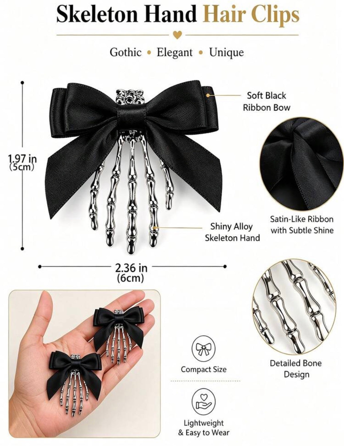 Skeleton Hand & Black Bow Gothic Hair Clips – Pair