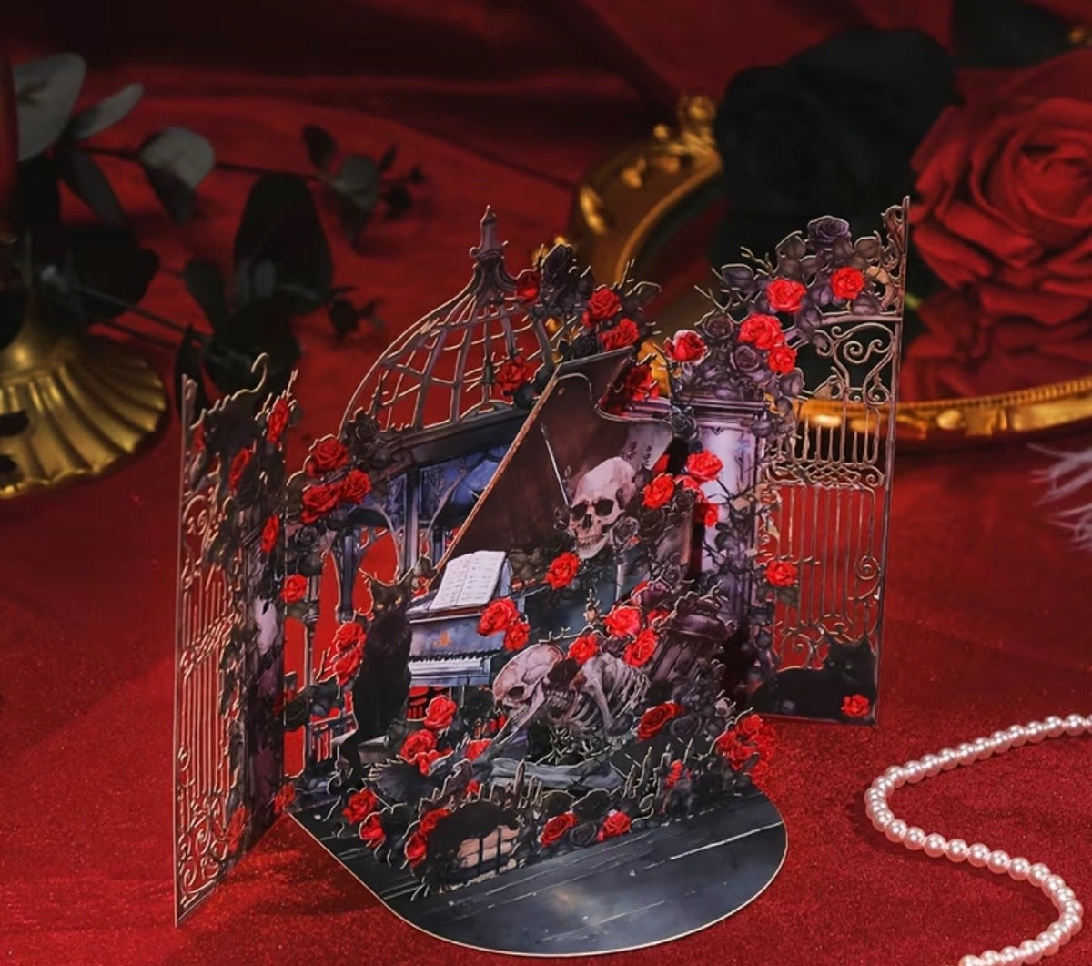 Gothic Rose Garden 3D Pop-Up Card – Skeletons, Cats & Piano