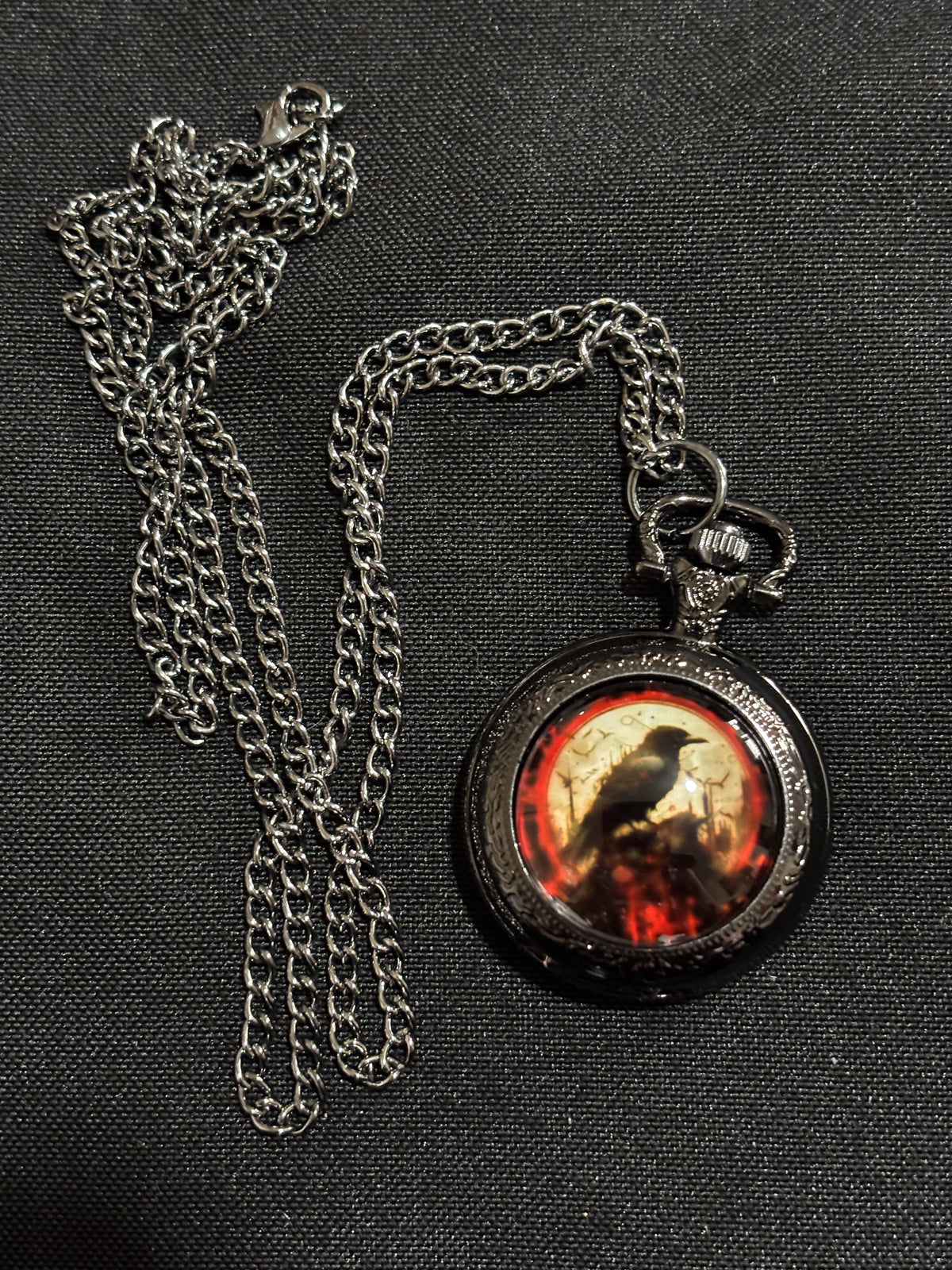Gothic Pocket Watch Necklace – Raven (Red)