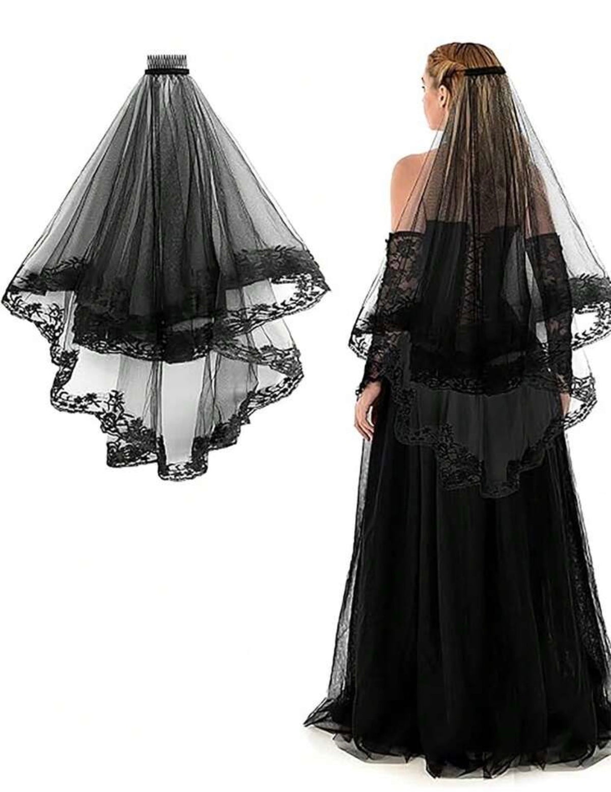 Black Gothic Lace Bridal Veil with Comb
