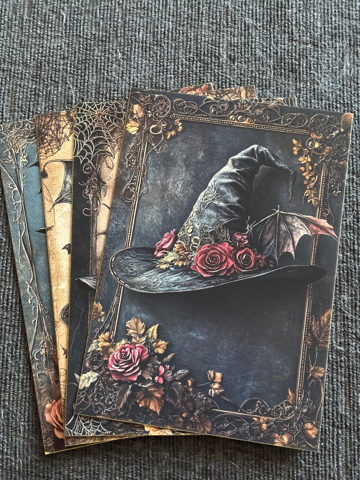 Witch Hat Gothic Mini Art Print Set (4 Pack) | Dark Witch Aesthetic | Bat & Rose Wall Art | 5x7 Prints