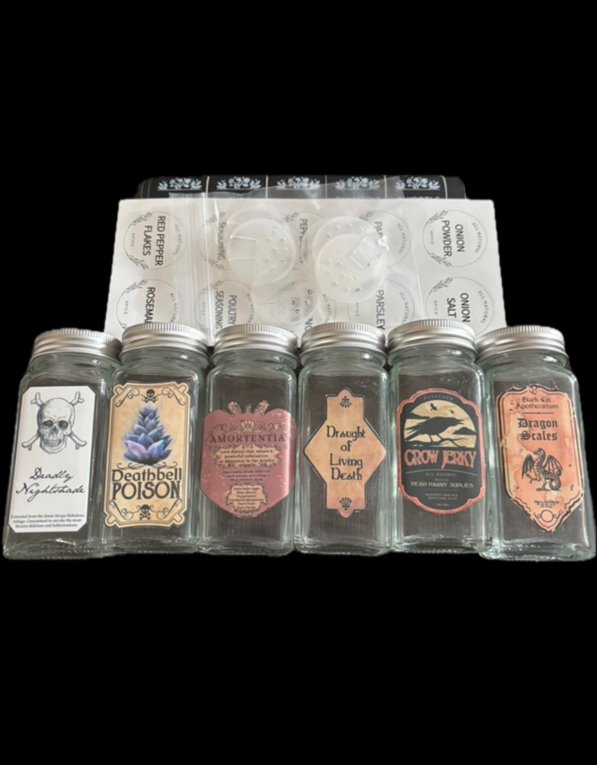 Set of 6 Witch’s Apothecary Glass Spice Jars