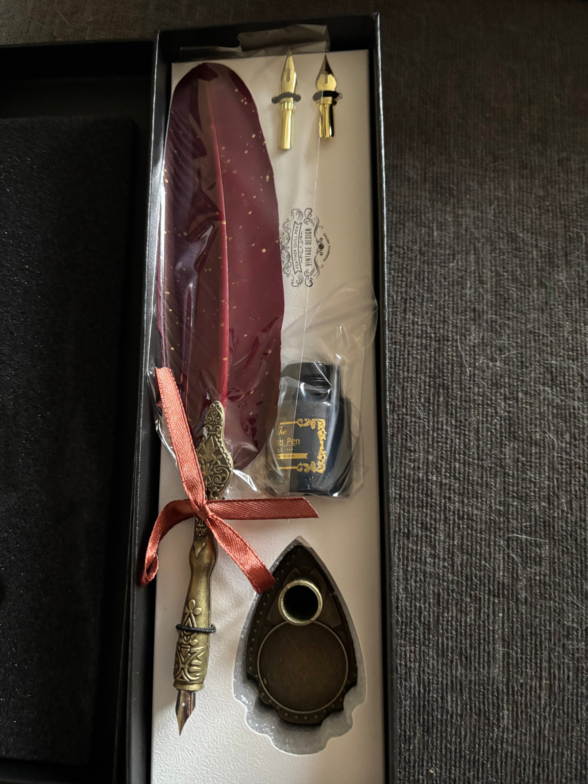Vintage Red Feather Ink & Quill Set with Stand
