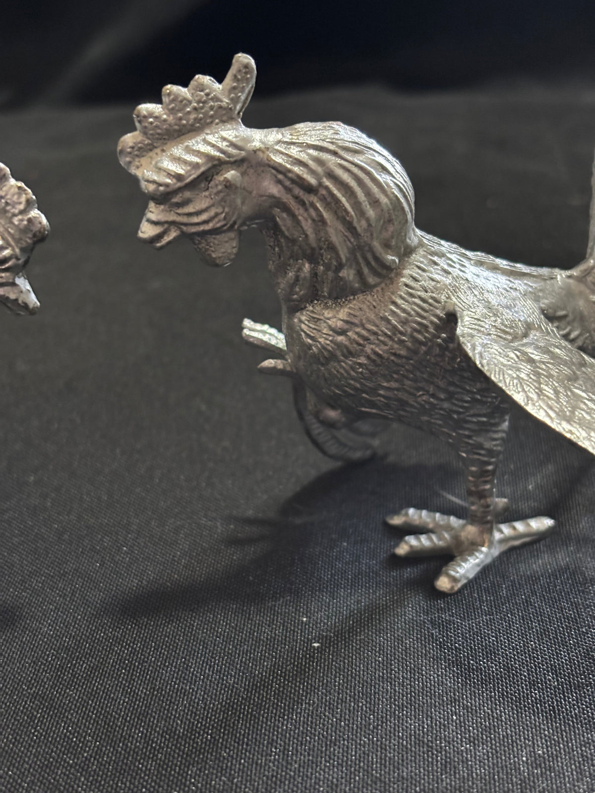 Pair of Vintage Silver-Tone Cast Metal Fighting Cockerels