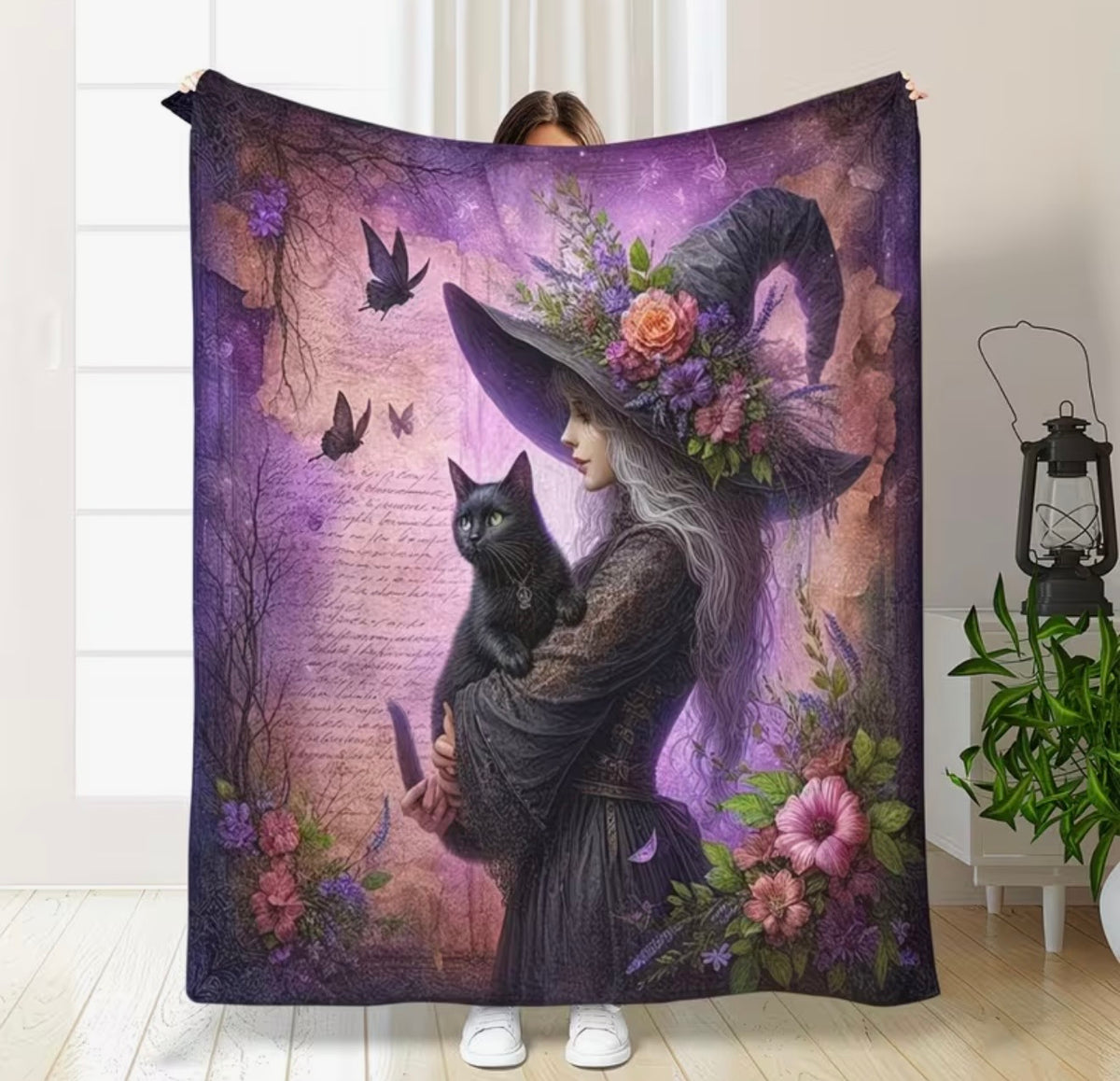 Floral Witch and Black Cat Fleece Blanket – 180 × 230cm