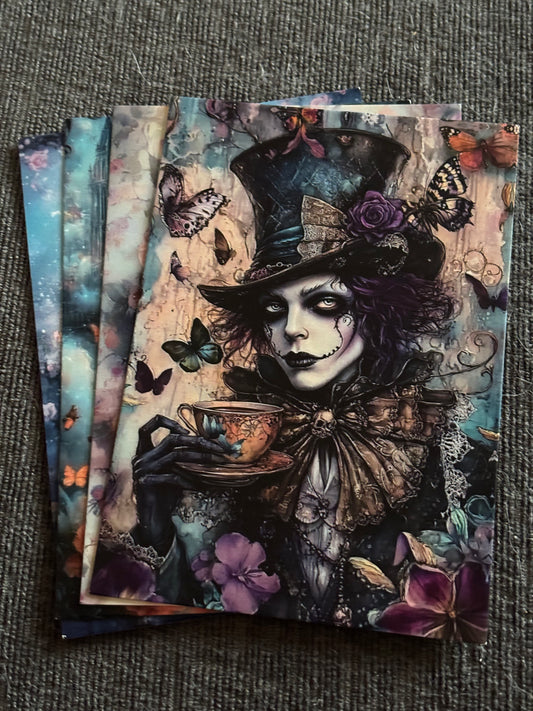 Modern Alice in Wonderland A6 Postcard Set – Floral Fantasy Carriages, Rabbit Fairies & Gothic Tea Party Art (Set of 4)