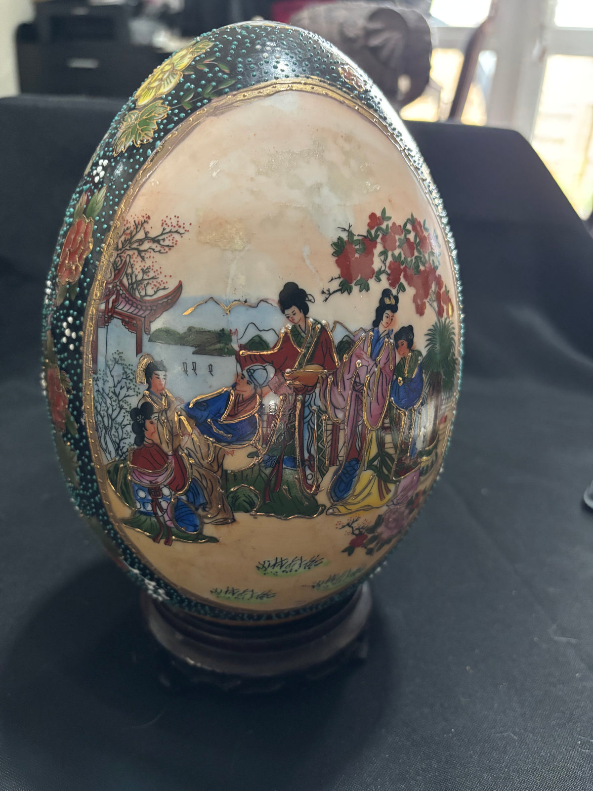 Large Vintage Chinese Satsuma-Style Moriage Egg on Stand