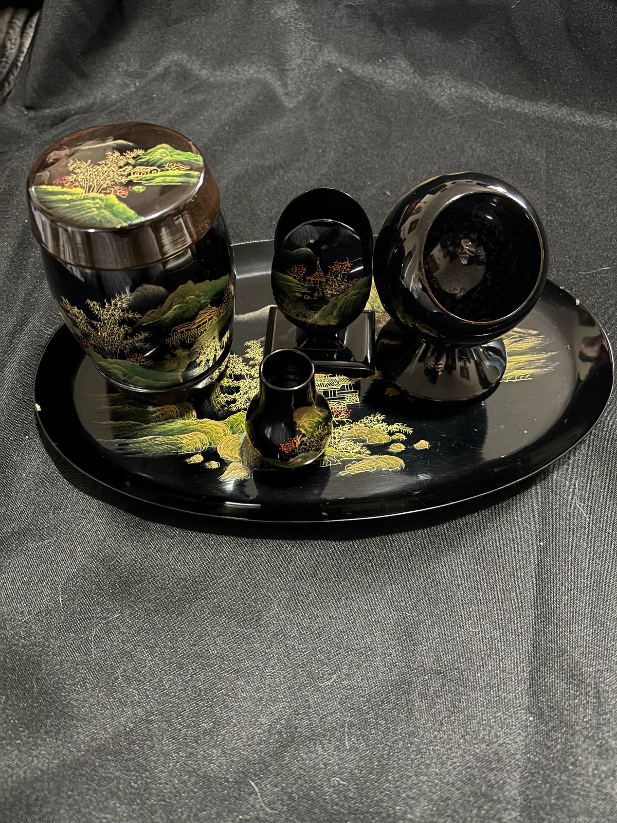 Vintage Chinese Black Lacquer Executive Desk Set