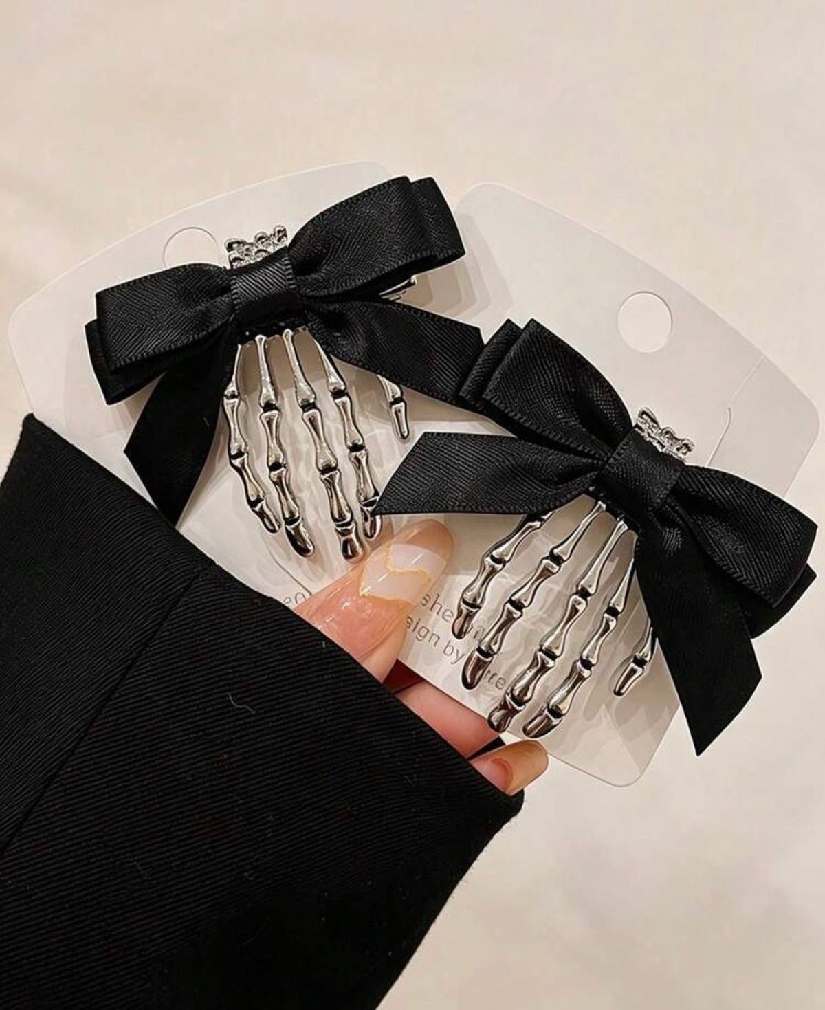 Skeleton Hand & Black Bow Gothic Hair Clips – Pair