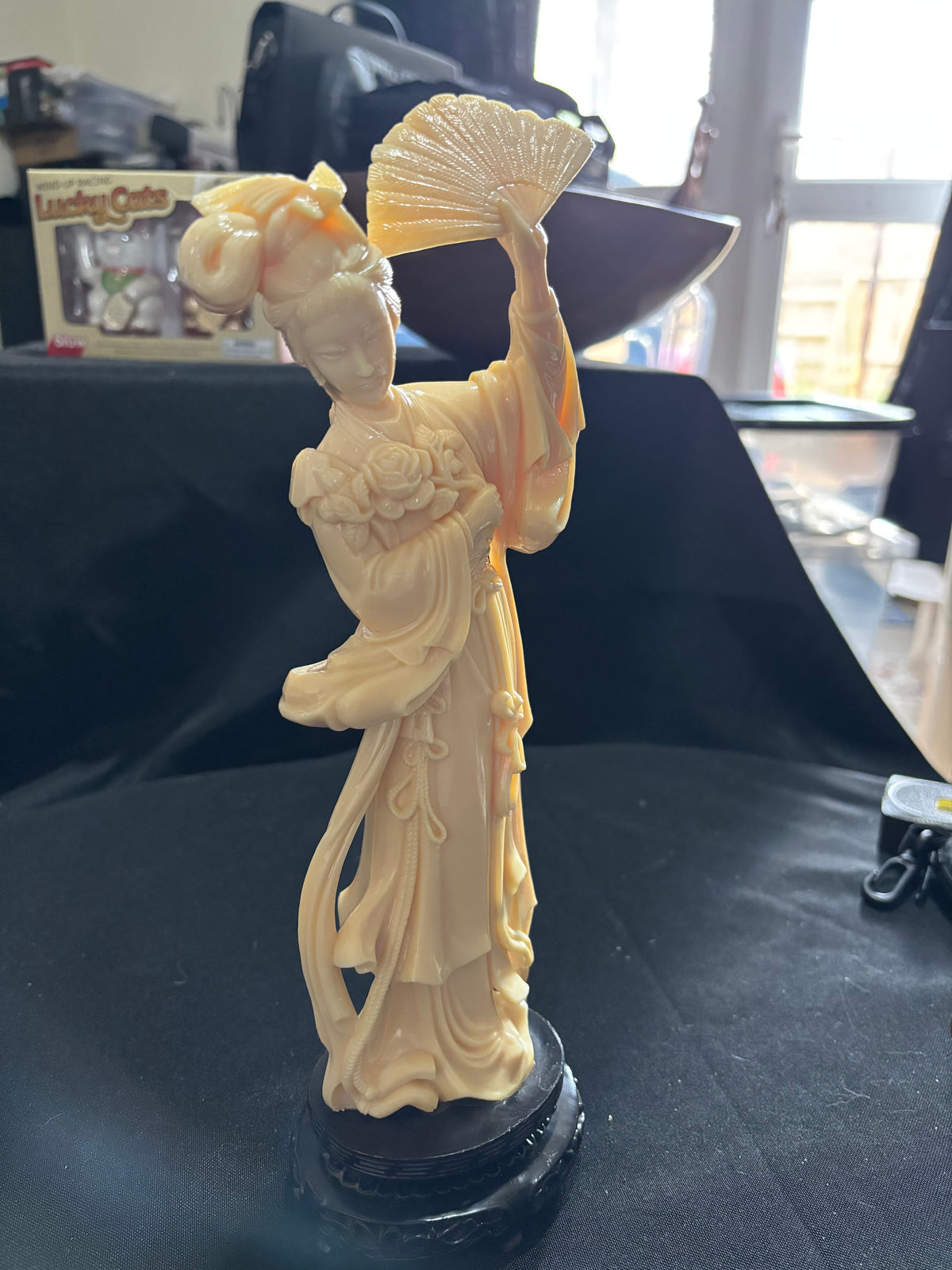 Vintage Ivorine Lady with Raised Fan – 12 Inches