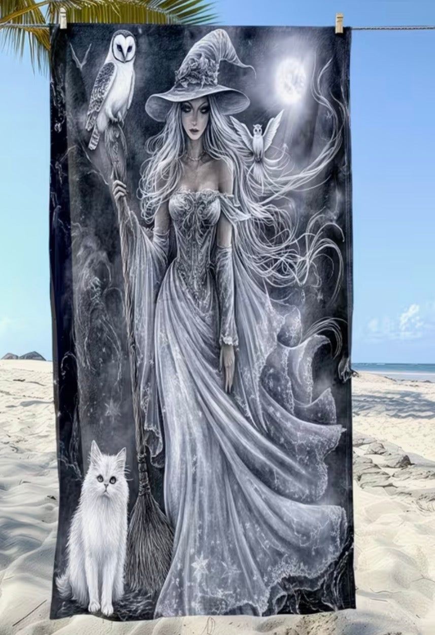 Moonlit Familiar Gothic Witch & Cat Bath Towel