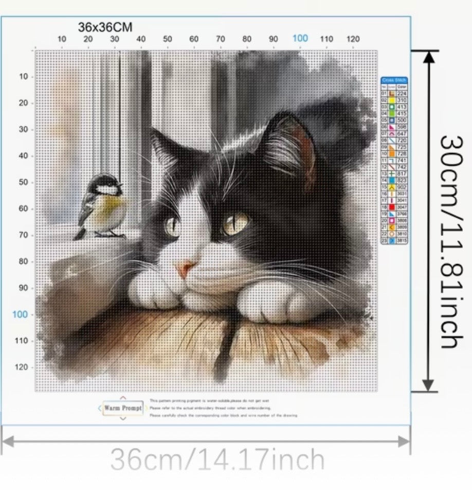 Black & White Cat and Bird 14-Count Cross-Stitch Kit – 36 × 30 cm