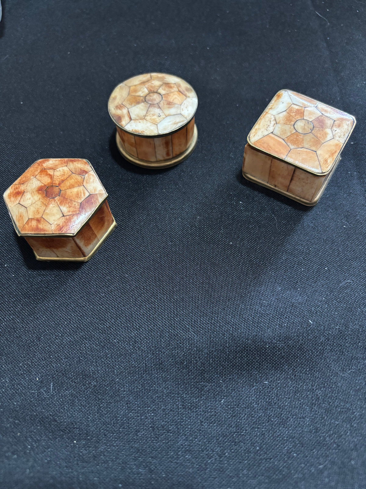 Set of Three Vintage Indian Bone & Brass Pill Boxes