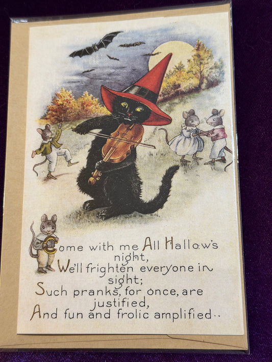 Retro Violin Cat Samhain Card