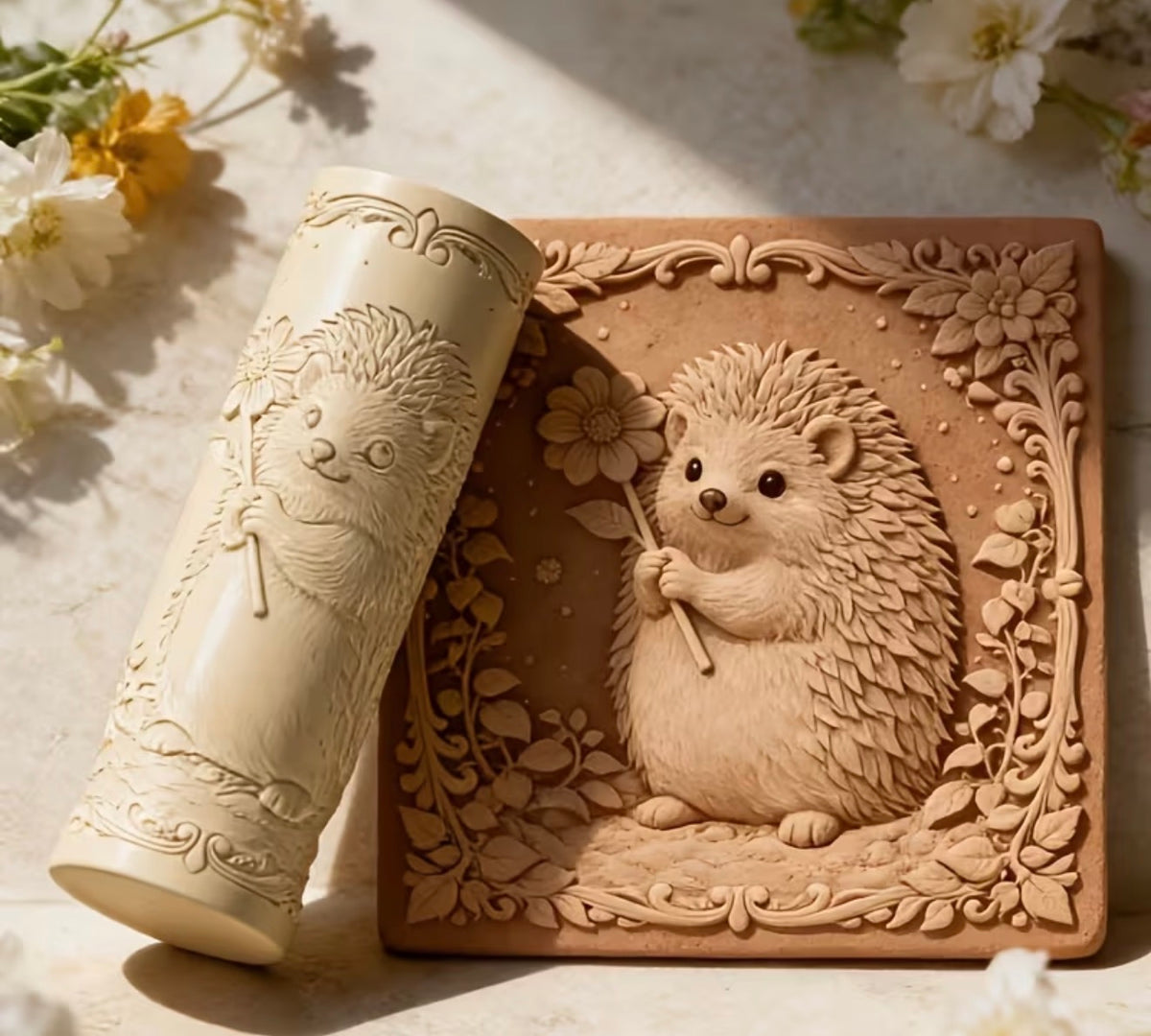 Hedgehog & Wildflowers Clay Texture Roller
