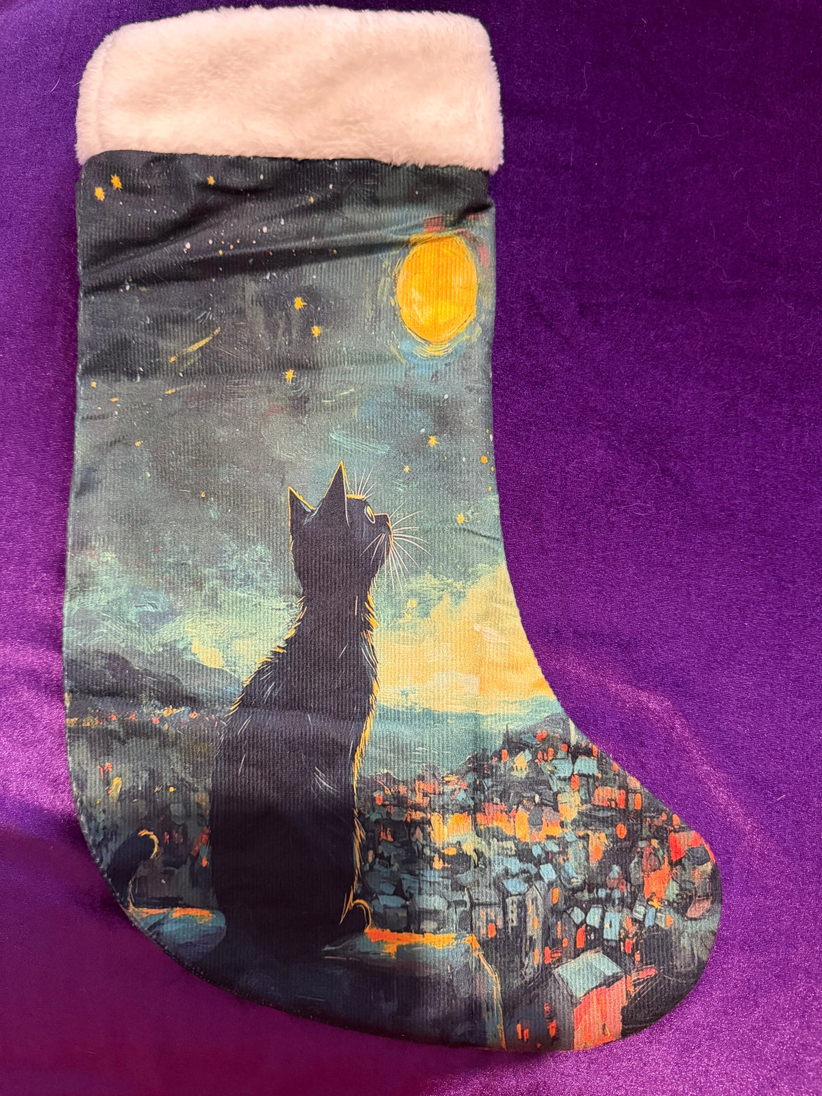 Moonlit Cat Velvet Yule Stocking