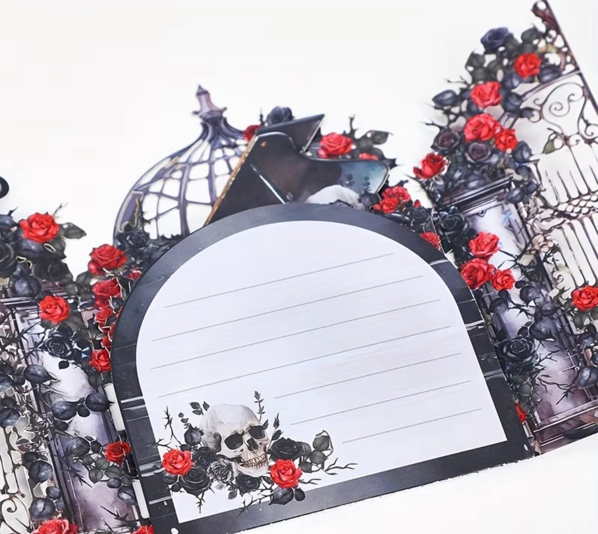 Gothic Rose Garden 3D Pop-Up Card – Skeletons, Cats & Piano