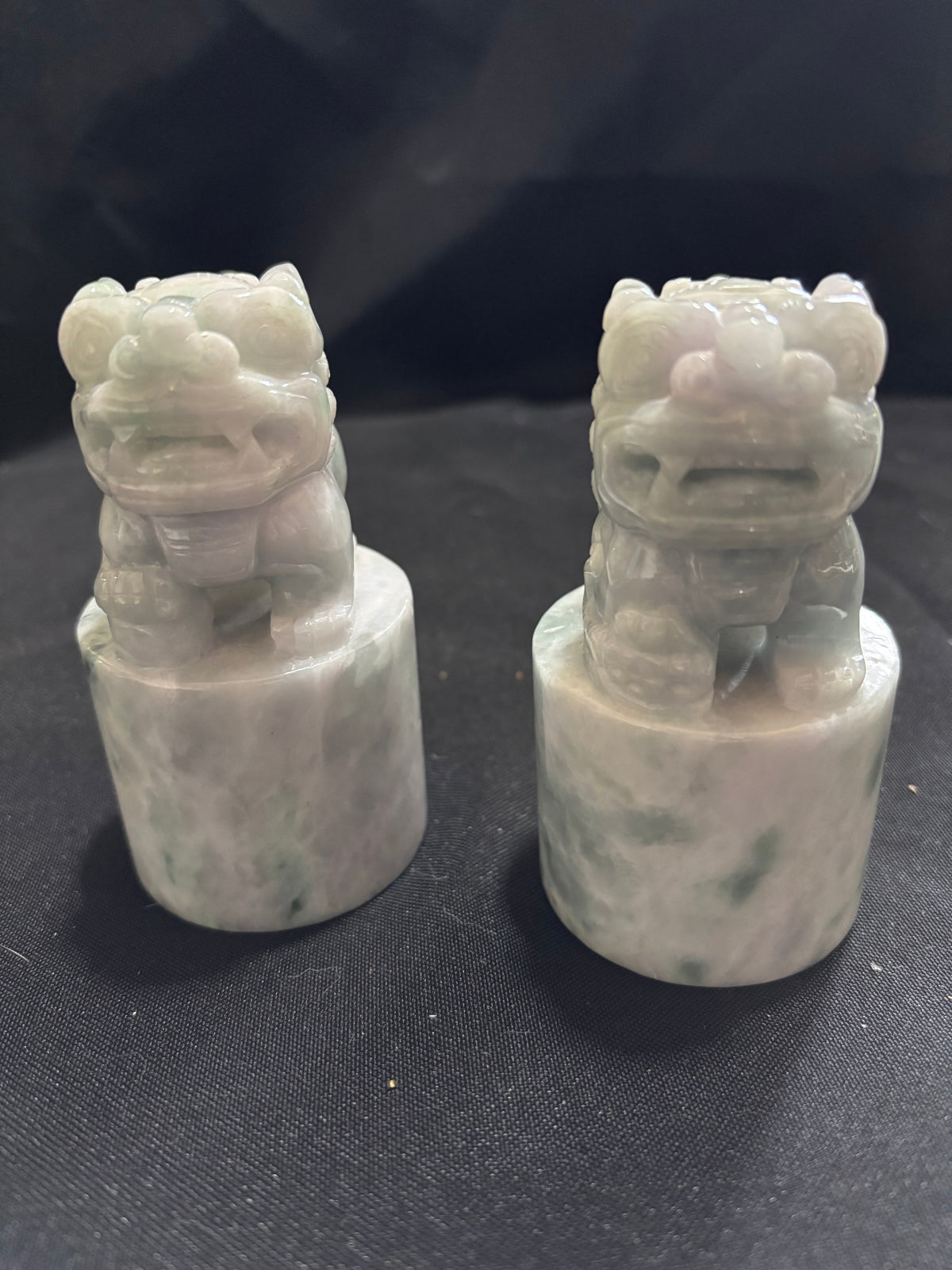 Pair of Vintage Carved Grey & White Jade Foo Dog Guardian Lions