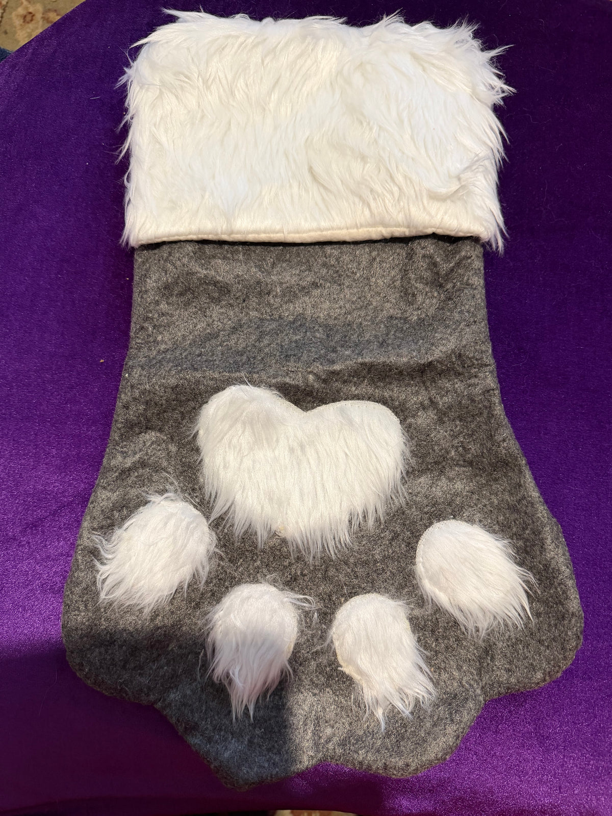 Grey & White Fur Paw Pet Christmas Stocking