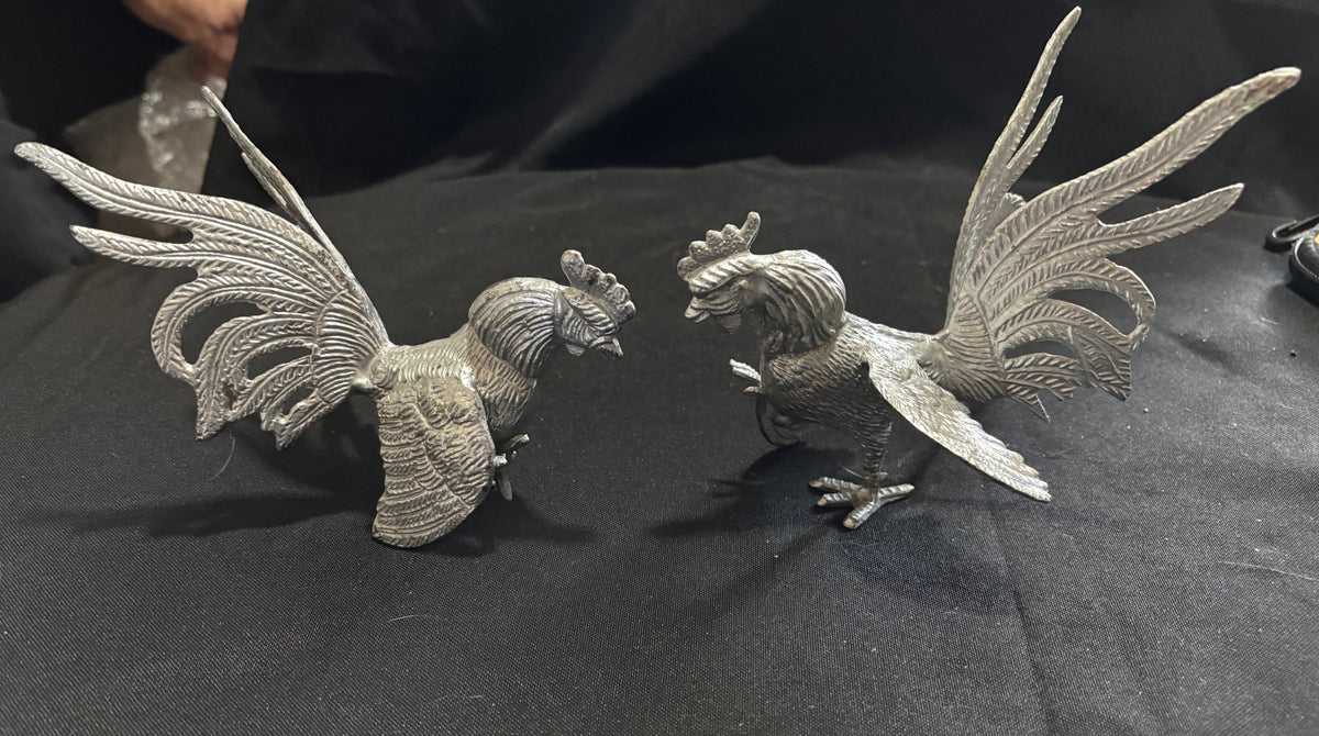 Pair of Vintage Silver-Tone Cast Metal Fighting Cockerels