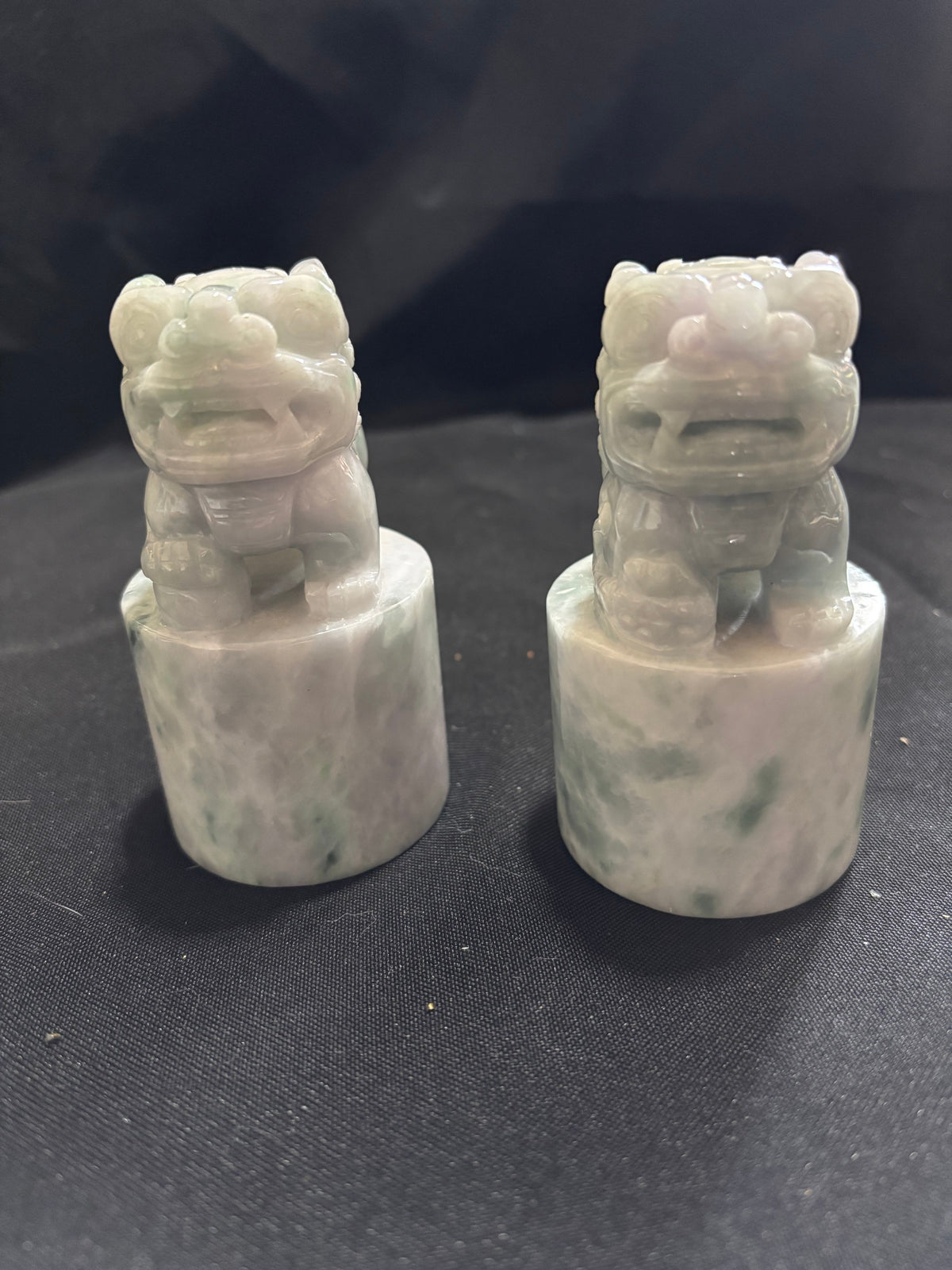 Pair of Vintage Carved Grey & White Jade Foo Dog Guardian Lions