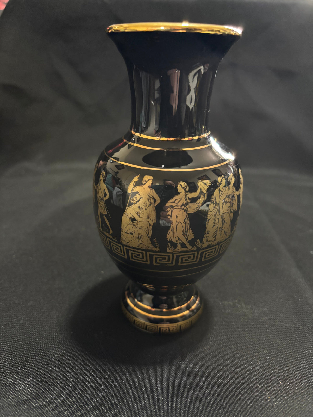 Vintage Greek SC 24K Gold Black Ceramic Vase